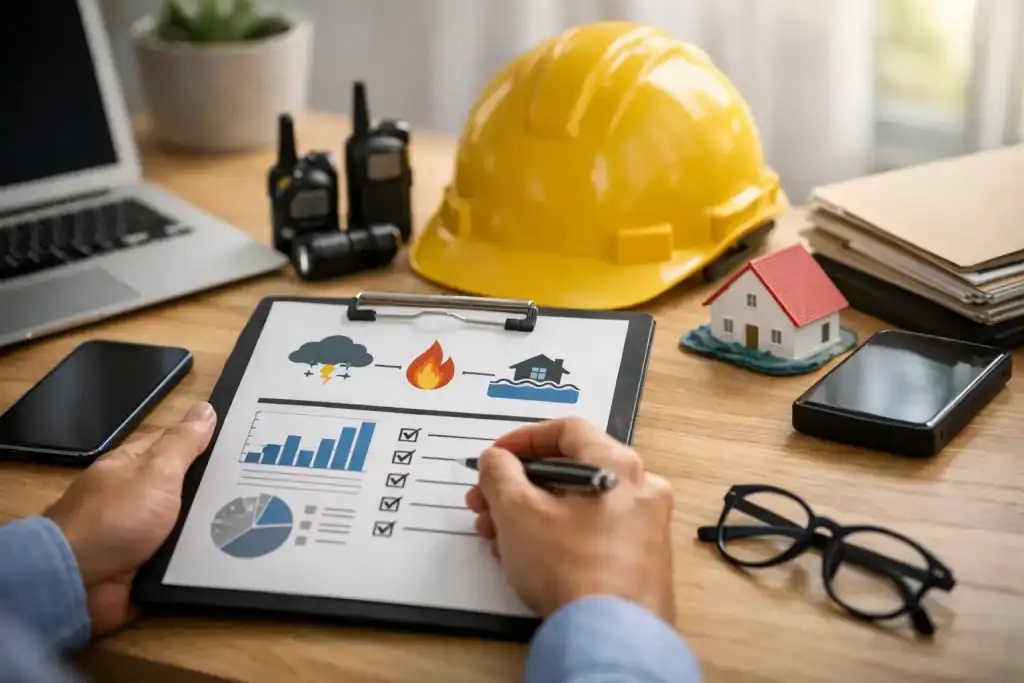 Person reviewing disaster recovery plan with safety gear and documents.