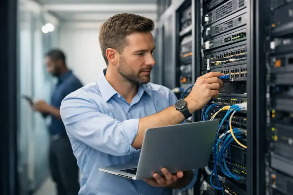 IT technician working on network server hardware in data center.