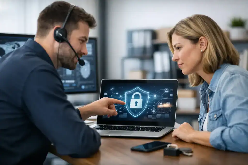 IT support technician explaining cybersecurity to a woman.