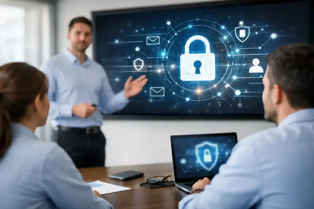 Business meeting on cybersecurity with digital lock graphics.