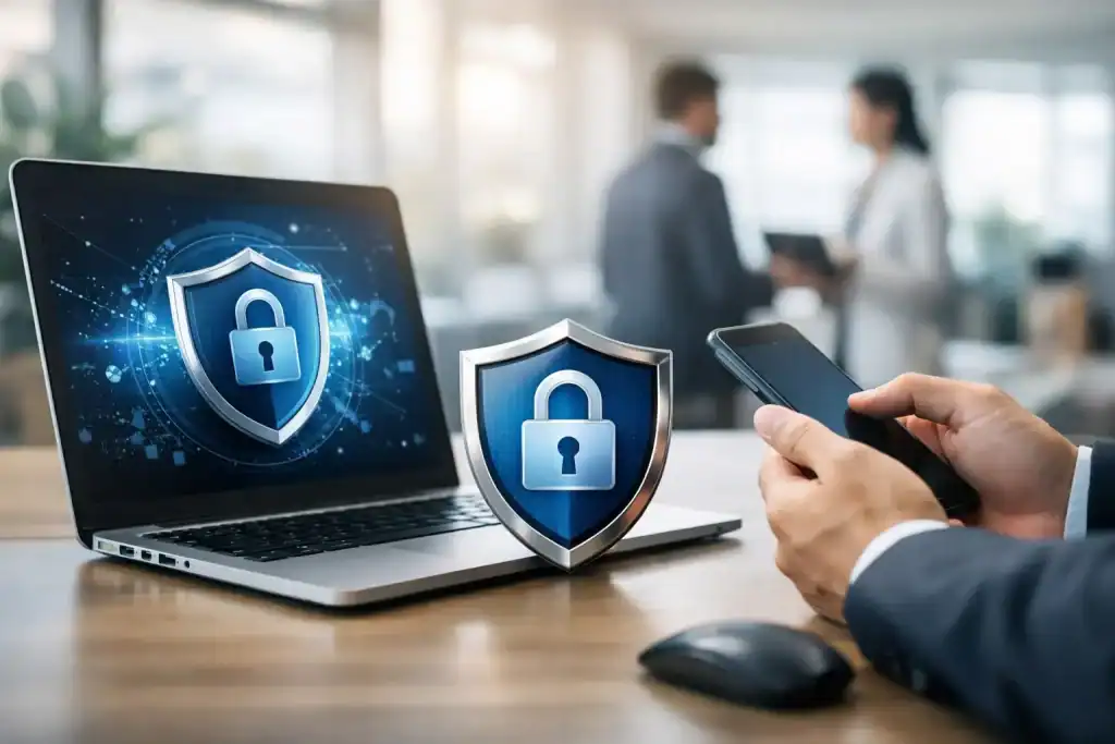 Laptop and shield icons representing cybersecurity and endpoint protection.
