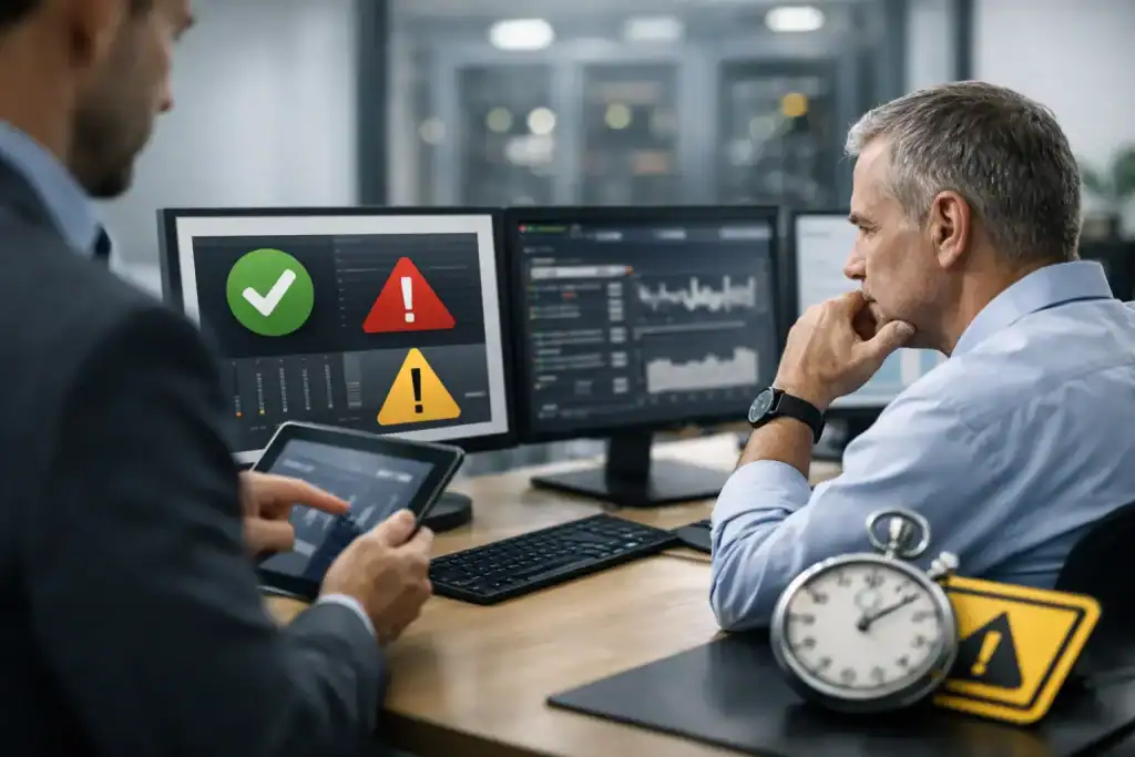 Business professionals analyzing system alerts on multiple screens.