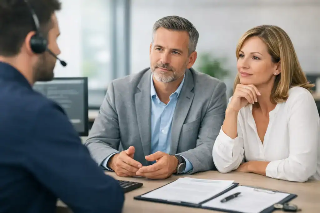 Business meeting discussing IT support without annual contract.