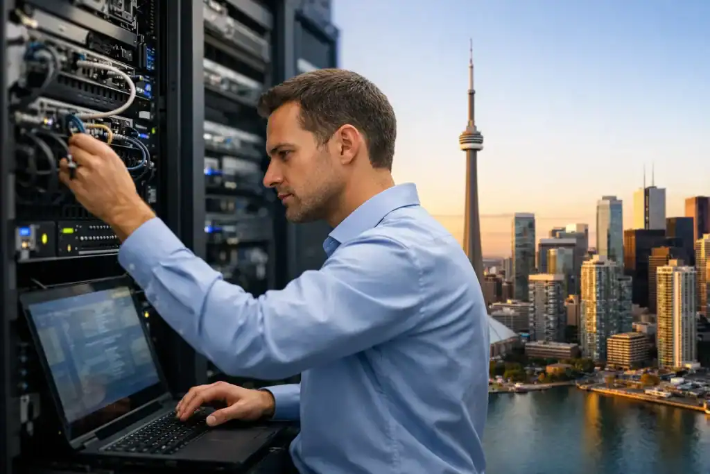IT technician working on server hardware with Toronto skyline in background.