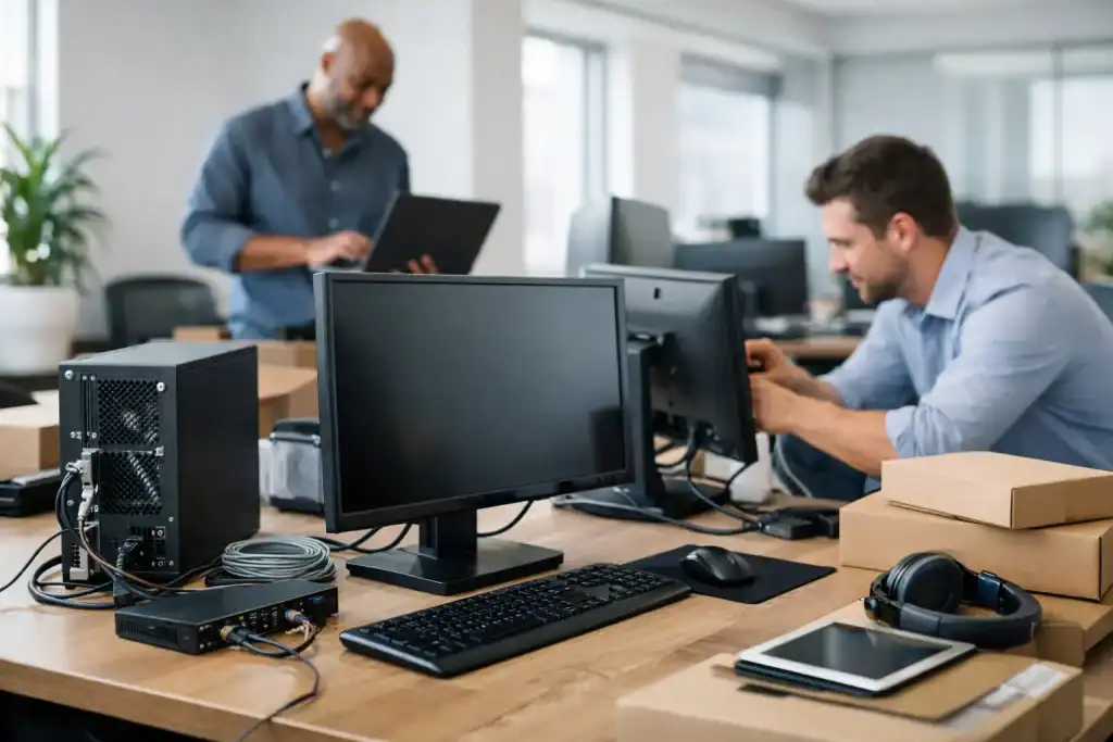 Two IT professionals setting up office computers and equipment.