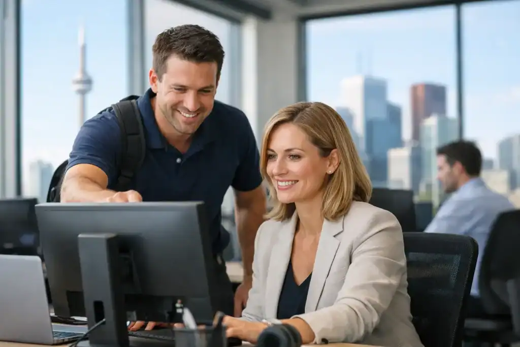 IT support team assisting a woman at her computer in Toronto office.
