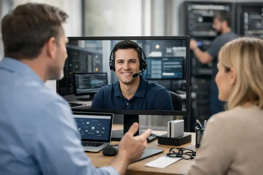 IT support team member providing remote assistance via video call.