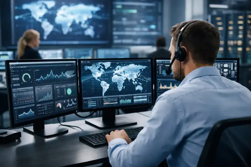 IT monitoring center with multiple screens displaying global data.