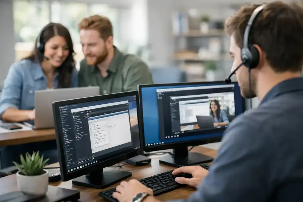 IT support team working remotely with dual monitors and headsets.