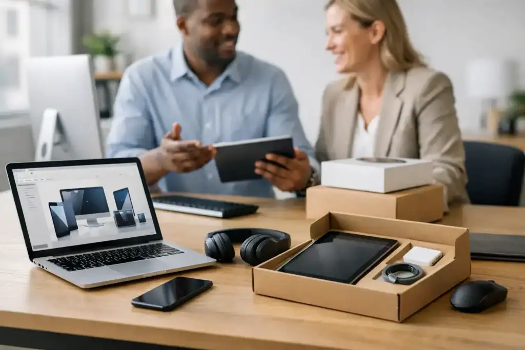 Business professionals discussing tech products with laptops and gadgets on desk.