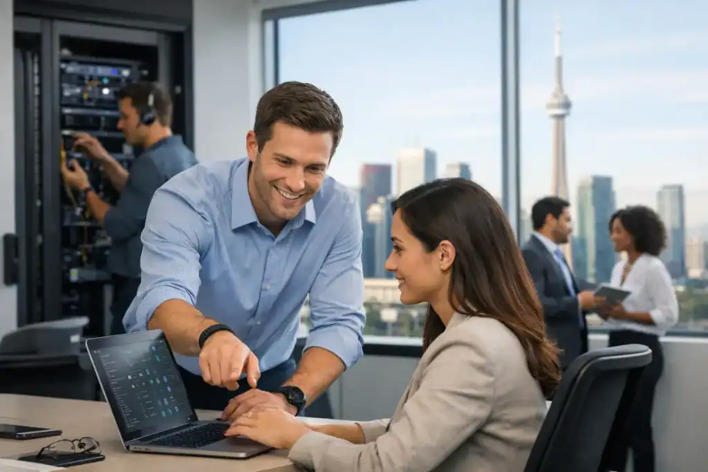 IT professionals collaborating in Toronto office with city skyline view.