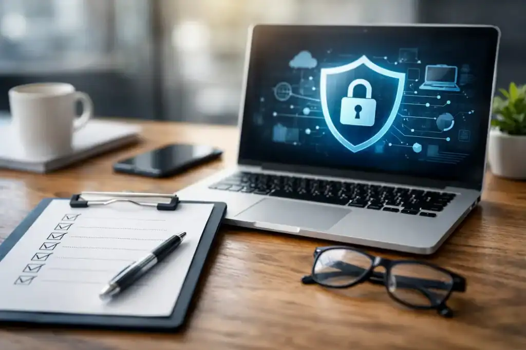 Laptop displaying a digital security shield icon for cybersecurity.