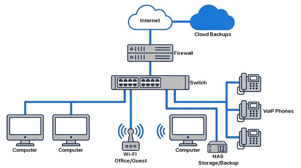Diagram of a typical office network setup: internet and cloud backups through a firewall and switch to computers, Wi-Fi, NAS storage, and VoIP phones