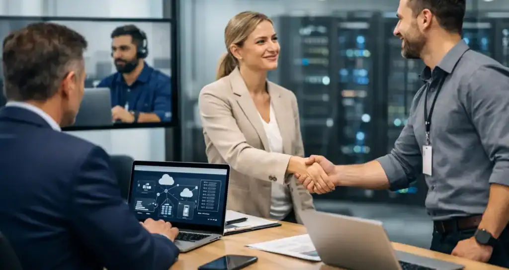 Business professionals shaking hands in a modern office setting.