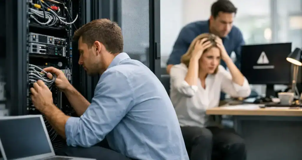 IT technicians working on network hardware in a server room.