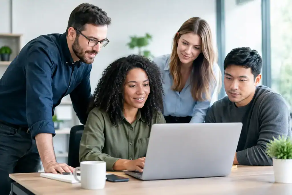 Diverse team working together on a laptop in an office setting.