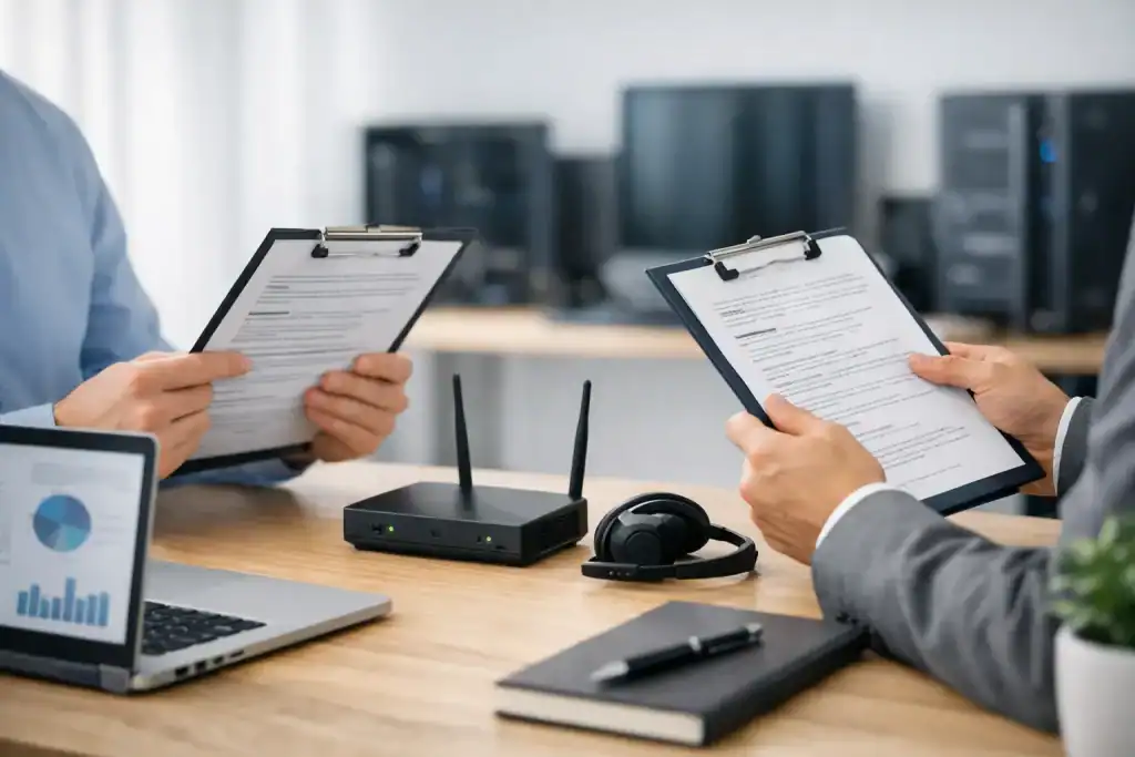 Business professionals reviewing IT support contracts in an office.