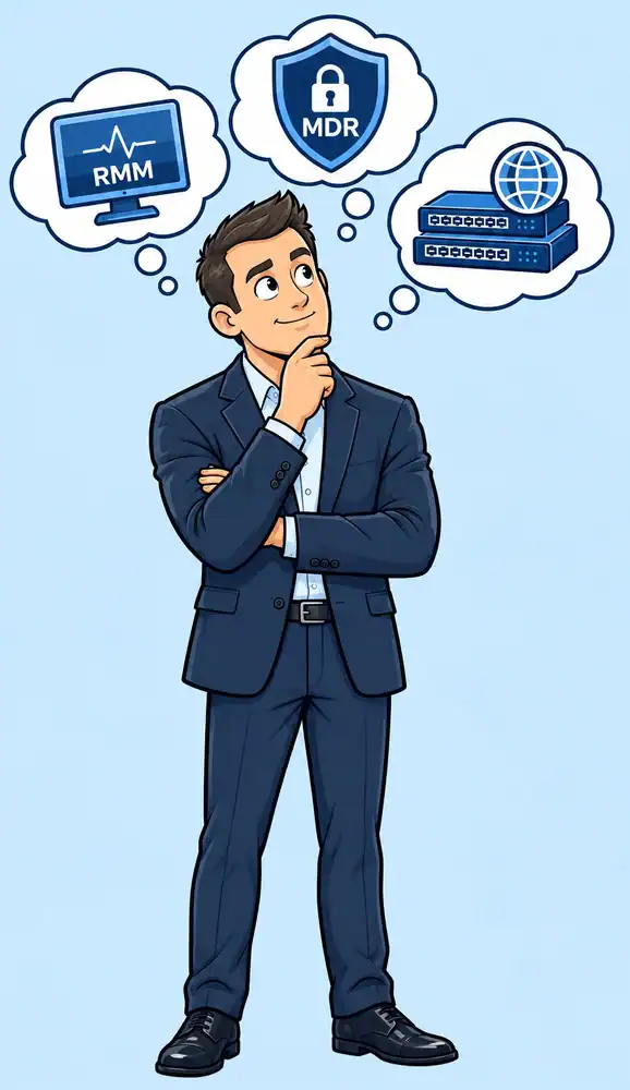 Business owner standing and thinking about RMM, MDR and enterprise networking — Carsonix Inc.