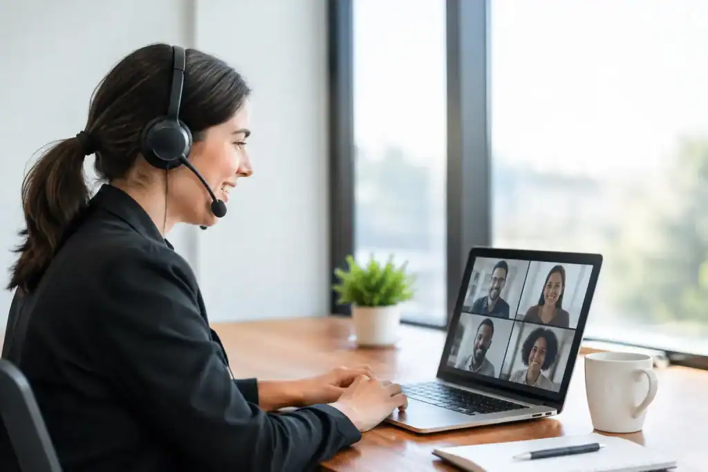 Woman with headset engaging in a video conference call.
