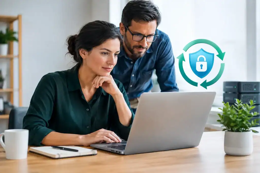 IT professionals reviewing cybersecurity data on laptop for ransomware recovery.