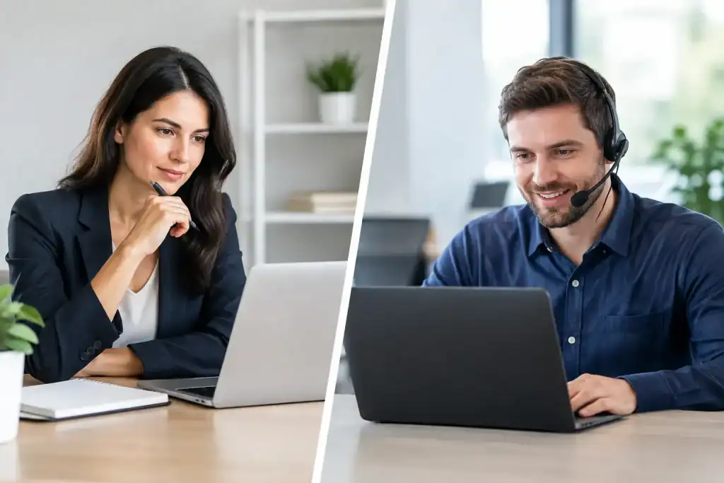 Businesswoman and man in remote IT support meeting.