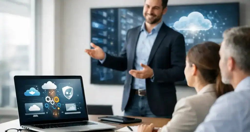 Businessman presenting cloud technology concepts to a team in a modern office.