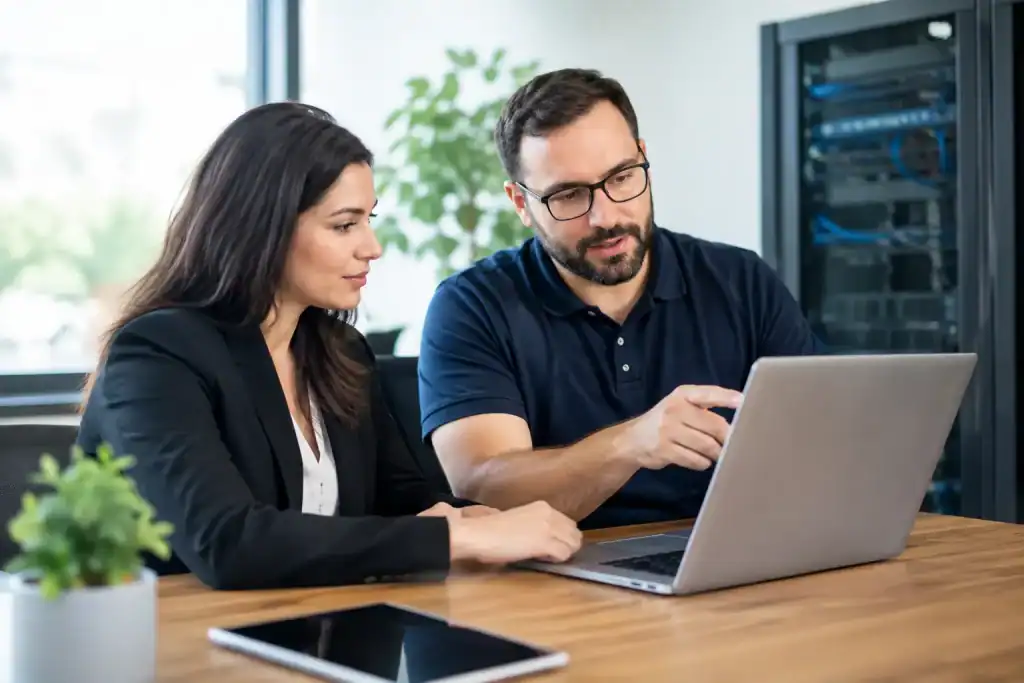 Business professionals discussing IT solutions with a laptop and server in background.